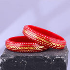 Gold Pola Bangles for Women | Traditional Red Bengali Pola Chudi with Gold Foil & Stone Work | Handmade Ethnic Wedding Festival Bangles | Lightweight Designer Jewelry