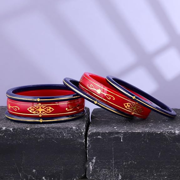 Premium Gold Pola Bangle Set for Women 6.5 Gram Traditional Bengali Handmade Red & Blue Ethnic Bridal Bangles Wedding Jewelry (Set of 6)