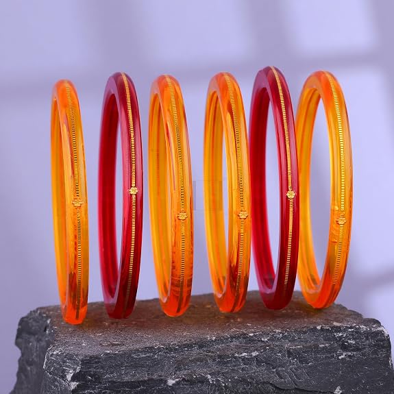 Premium Gold Pola Bangle Set for Women 6.5 Gram Traditional Bengali Handmade Amber Orange & Maroon Bridal Bangles Ethnic Wedding Jewelry (Set of 6)