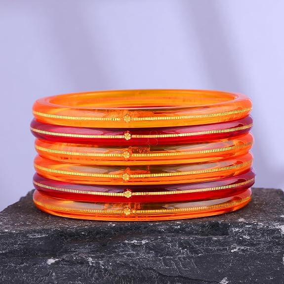 Premium Gold Pola Bangle Set for Women 6.5 Gram Traditional Bengali Handmade Amber Orange & Maroon Bridal Bangles Ethnic Wedding Jewelry (Set of 6)