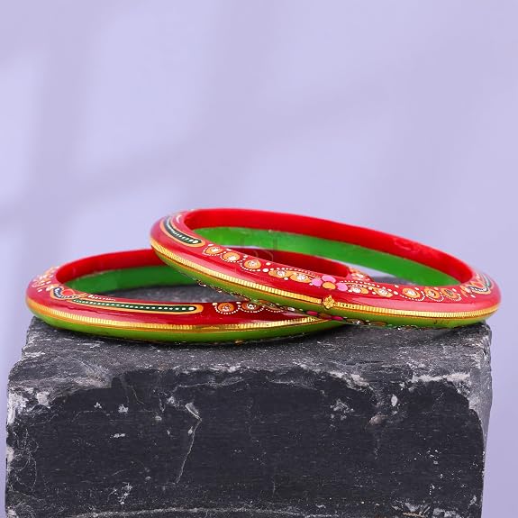 Gold Pola Bangles for Women | Green & Red Bengali Pola Chudi with Floral Gold Foil Design | Handmade Traditional Ethnic Bangles | Lightweight Wedding Festival & Daily Wear Jewelry