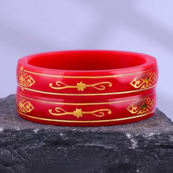 Gold Pola Bangles for Women | Traditional Red Bengali Pola Chudi with Gold Floral Motif Design | Handmade Ethnic Wedding Festival Bangles | Lightweight Designer Jewelry