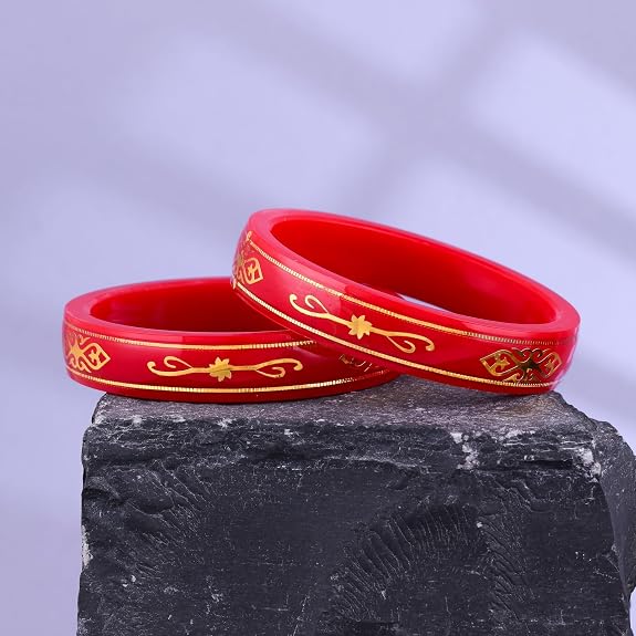 Gold Pola Bangles for Women | Traditional Red Bengali Pola Chudi with Gold Floral Motif Design | Handmade Ethnic Wedding Festival Bangles | Lightweight Designer Jewelry