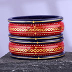 Premium Gold Pola Bangle Set for Women 6.5 Gram Traditional Bengali Handmade Red & Navy Blue Bridal Bangles with Gold Designer Pattern (Set of 6)