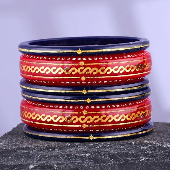 Premium Gold Pola Bangle Set for Women 6.5 Gram Traditional Bengali Handmade Red & Navy Blue Bridal Bangles with Gold Designer Pattern (Set of 6)