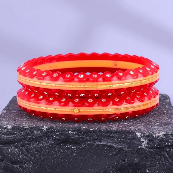 Gold Pola Bangles for Women | Textured Red Bengali Pola Chudi with Gold Foil Design | Handmade Traditional Ethnic Bangles | Lightweight Wedding Festival & Daily Wear Jewelry