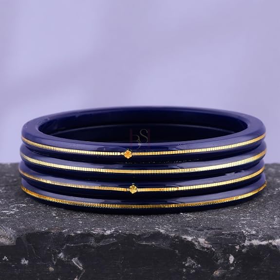 Exclusive Blue Gold Line Pola Bangles for Women | Traditional Acrylic Chudi with Gold Line Design | Lightweight Ethnic Wedding, Festival & Daily Wear Bangles | Pack of 2 & 4 | BPJ_53