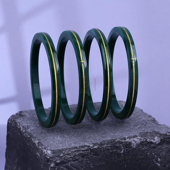 Exclusive Gold Pola Bangles for Women – Dark Green Acrylic Bangles with Gold Line Design | Premium Handmade Traditional Ethnic Chudi for Wedding, Bridal, Festival, Party & Daily Wear | Pack of 2 & 4 | BPJ_77