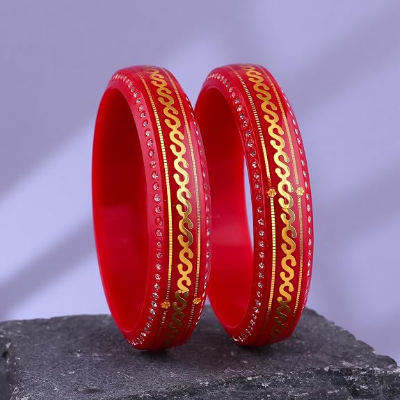 Gold Pola Bangles for Women | Traditional Red Bengali Pola Chudi with Gold Foil & Stone Work | Handmade Ethnic Wedding Festival Bangles | Lightweight Designer Jewelry