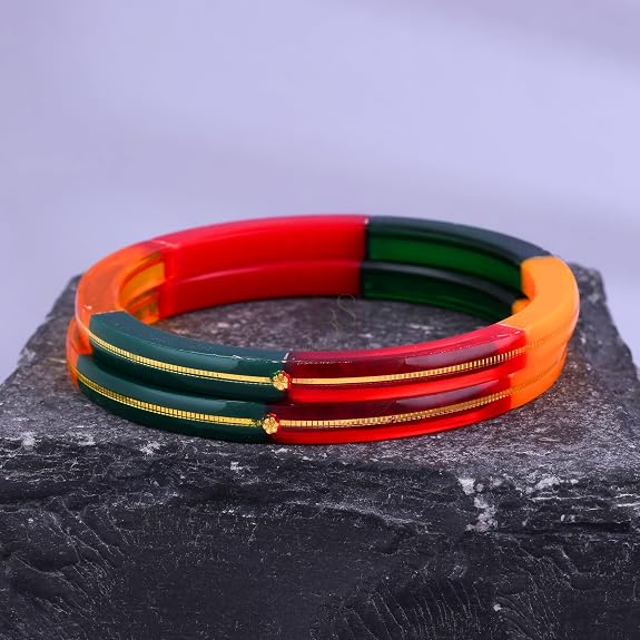 Exclusive Gold Pola Bangles for Women – Multicolor Transparent Resin Bangles with Gold Line Design | Glossy Traditional Lightweight Ethnic Chudi for Wedding, Festival, Puja, Party & Daily Wear | Pack of 2 & 4 | BPJ_56