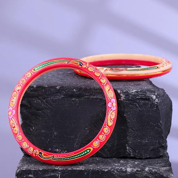 Gold Pola Bangles for Women | Traditional Pink Bengali Pola Chudi with Floral Gold Foil Design | Handmade Ethnic Wedding Festival Bangles | Lightweight Designer Jewelry