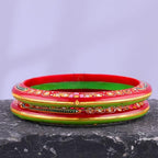 Gold Pola Bangles for Women | Green & Red Bengali Pola Chudi with Floral Gold Foil Design | Handmade Traditional Ethnic Bangles | Lightweight Wedding Festival & Daily Wear Jewelry