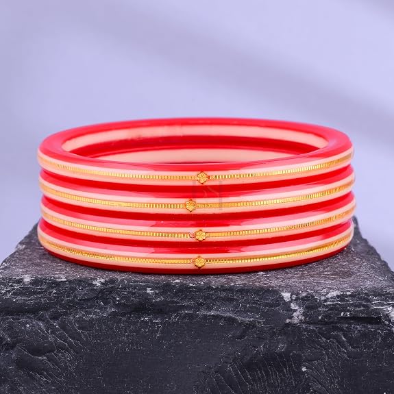 Exclusive Gold Pola Bangles for Women – Red Transparent Acrylic Bangles with Gold Line Design & Artistic Hand Painting | Traditional Lightweight Ethnic Chudi for Wedding, Festival, Party & Daily Wear | Pack of 2 & 4 | BPJ_59