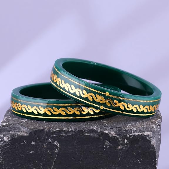 Gold Pola Bangles for Women | Traditional Green Bengali Pola Chudi with Gold Foil Design | Handmade Ethnic Wedding Festival Bangles | Lightweight Designer Jewelry