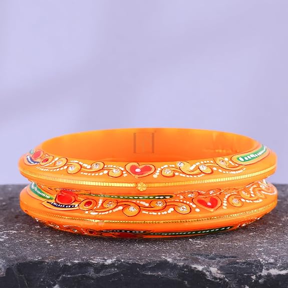 Gold Pola Bangles for Women | Traditional Orange Bengali Pola Chudi with Floral Gold Foil Design | Handmade Ethnic Wedding Festival Bangles | Lightweight Designer Jewelry