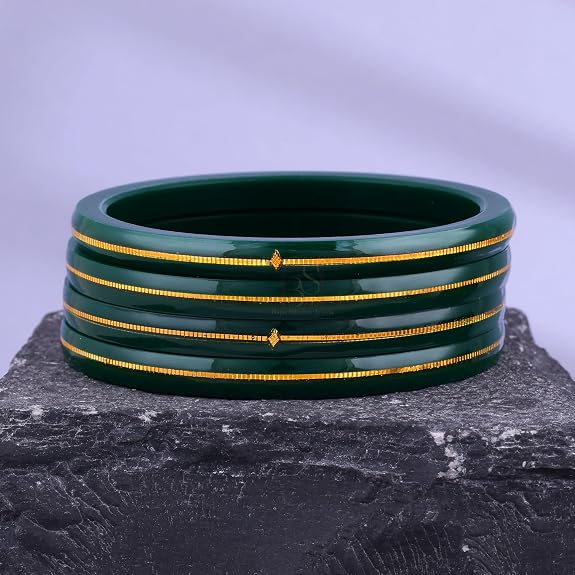 Exclusive Gold Pola Bangles for Women – Dark Green Acrylic Bangles with Gold Line Design | Premium Handmade Traditional Ethnic Chudi for Wedding, Bridal, Festival, Party & Daily Wear | Pack of 2 & 4 | BPJ_77