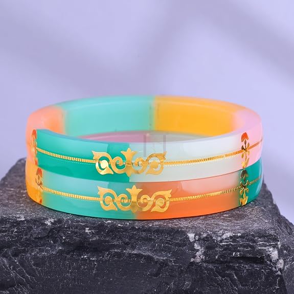Gold Pola Bangles for Women | Multicolor Bengali Pola Chudi with Gold Foil Design | Handmade Traditional Ethnic Bangles | Lightweight Wedding Festival & Daily Wear Jewelry