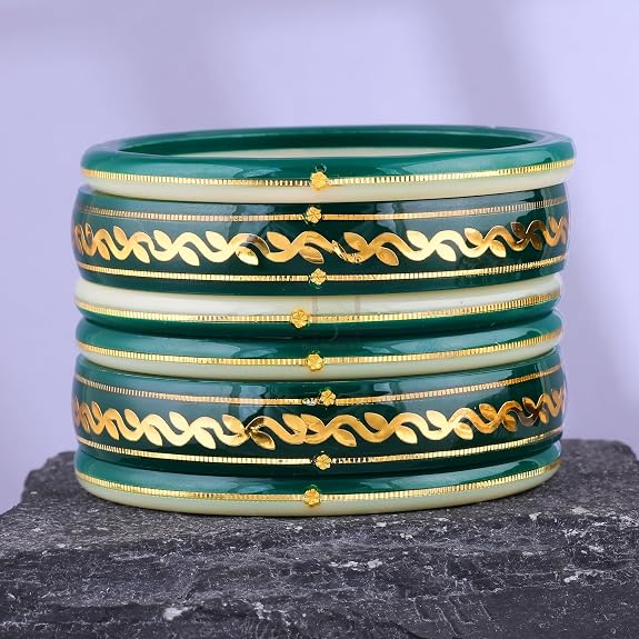 Premium Gold Pola Bangle Set for Women 6.5 Gram Traditional Bengali Handmade Green & White Ethnic Bridal Bangles Wedding Jewelry (Set of 6)