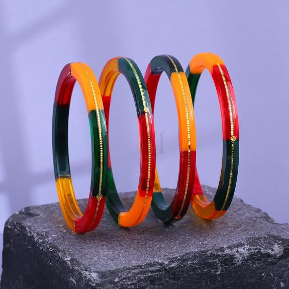 Exclusive Gold Pola Bangles for Women – Multicolor Transparent Resin Bangles with Gold Line Design | Glossy Traditional Lightweight Ethnic Chudi for Wedding, Festival, Puja, Party & Daily Wear | Pack of 2 & 4 | BPJ_56