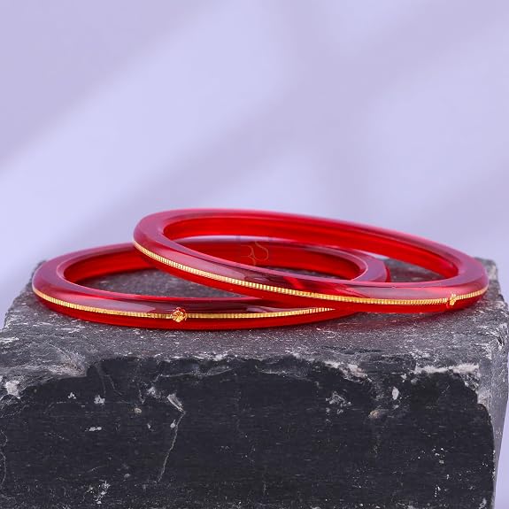 Exclusive Gold Pola Bangles – 22K Gold Plated Traditional Bangle Set for Women | Translucent Ruby Red Chura Kada Bangles | Bengali Ethnic Bridal & Festive Jewelry with Authenticity Card | BPJ_49