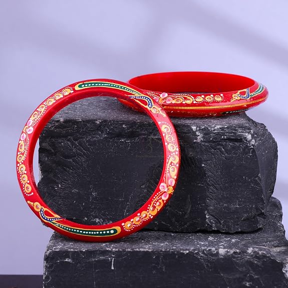 Gold Pola Bangles for Women | Traditional Red Bengali Pola Chudi with Floral & Stone Design | Handmade Ethnic Wedding Festival Bangles | Lightweight Designer Jewelry