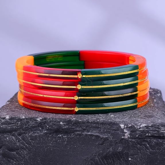 Exclusive Gold Pola Bangles for Women – Multicolor Transparent Resin Bangles with Gold Line Design | Glossy Traditional Lightweight Ethnic Chudi for Wedding, Festival, Puja, Party & Daily Wear | Pack of 2 & 4 | BPJ_56