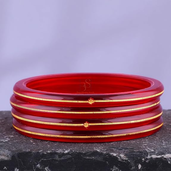 Exclusive Gold Pola Bangles – 22K Gold Plated Traditional Bangle Set for Women | Translucent Ruby Red Chura Kada Bangles | Bengali Ethnic Bridal & Festive Jewelry with Authenticity Card | BPJ_49