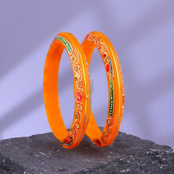 Gold Pola Bangles for Women | Traditional Orange Bengali Pola Chudi with Floral Gold Foil Design | Handmade Ethnic Wedding Festival Bangles | Lightweight Designer Jewelry