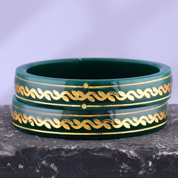 Gold Pola Bangles for Women | Traditional Green Bengali Pola Chudi with Gold Foil Design | Handmade Ethnic Wedding Festival Bangles | Lightweight Designer Jewelry