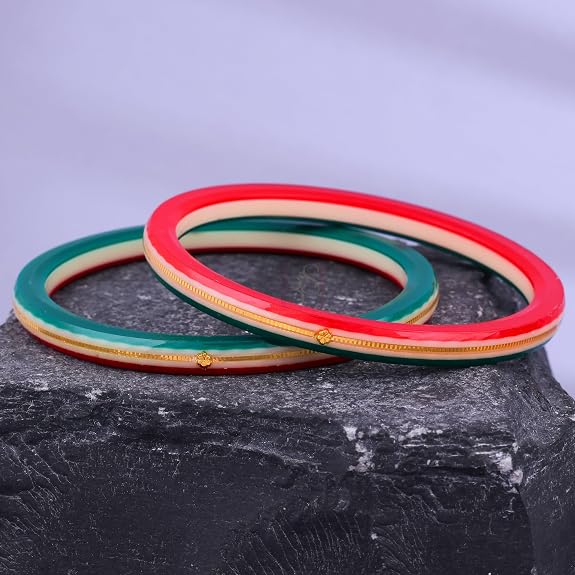 Exclusive Gold Pola Bangles for Women – Red & Green Acrylic Chudi Set with Gold Line Design | Traditional Lightweight Ethnic Bangles for Wedding, Festival, Party & Daily Wear | Pack of 2 & 4 | BPJ_55