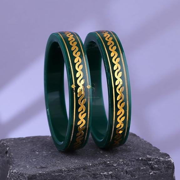 Gold Pola Bangles for Women | Traditional Green Bengali Pola Chudi with Gold Foil Design | Handmade Ethnic Wedding Festival Bangles | Lightweight Designer Jewelry