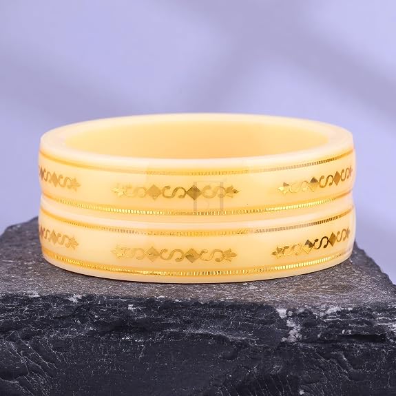 Gold Pola Bangles for Women | Traditional Ivory Bengali Pola Chudi with Gold Foil Design | Handmade Ethnic Wedding Festival Bangles | Lightweight Designer Jewelry