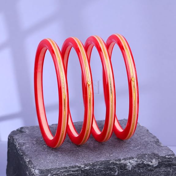 Exclusive Gold Pola Bangles for Women – Red Transparent Acrylic Bangles with Gold Line Design & Artistic Hand Painting | Traditional Lightweight Ethnic Chudi for Wedding, Festival, Party & Daily Wear | Pack of 2 & 4 | BPJ_59