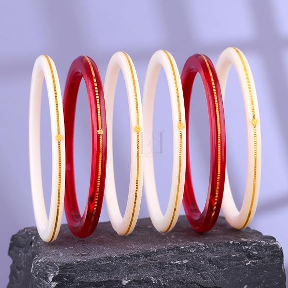 Premium Gold Pola Bangle Set for Women 6.5 Gram Traditional Bengali Handmade Shakha Pola Bangles Red & White Ethnic Bridal Jewelry (Set of 6)