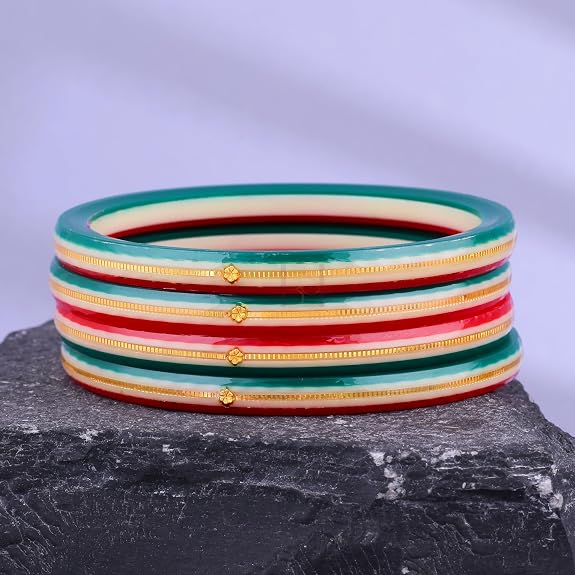 Exclusive Gold Pola Bangles for Women – Red & Green Acrylic Chudi Set with Gold Line Design | Traditional Lightweight Ethnic Bangles for Wedding, Festival, Party & Daily Wear | Pack of 2 & 4 | BPJ_55