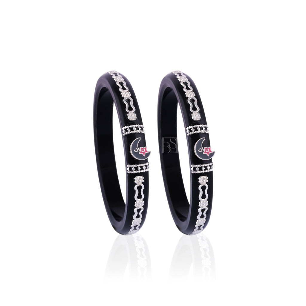 Girls Black & Silver Designer Bangles with Moon & Star Charm – Elegant Fashion Jewellery