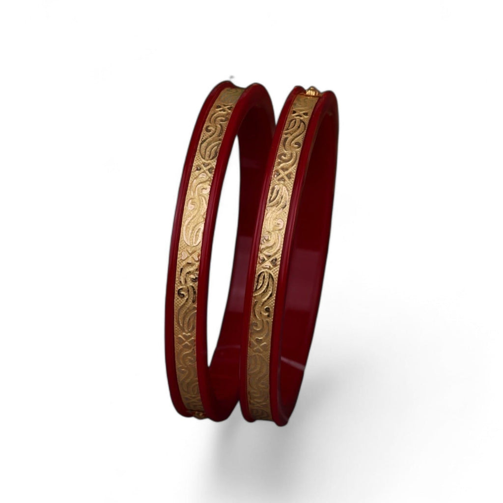 22K Gold Traditional Designer Bangles for Women | Red Meenakari Finish | Floral Engraved Pattern | Pair | 2.2 Gram