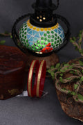 22K Gold Traditional Designer Bangles for Women | Red Meenakari Finish | Floral Engraved Pattern | Pair | 2.2 Gram