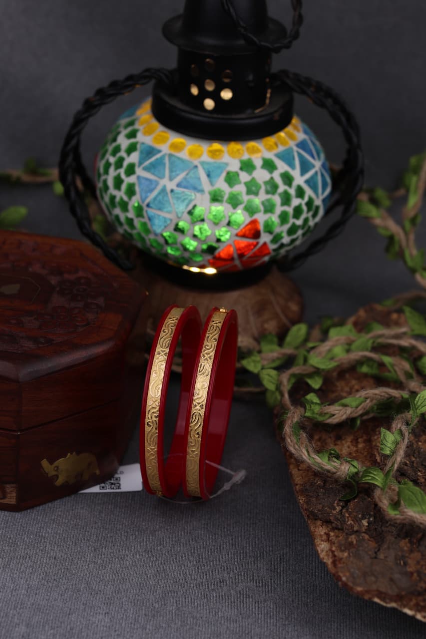 22K Gold Traditional Designer Bangles for Women | Red Meenakari Finish | Floral Engraved Pattern | Pair | 2.2 Gram