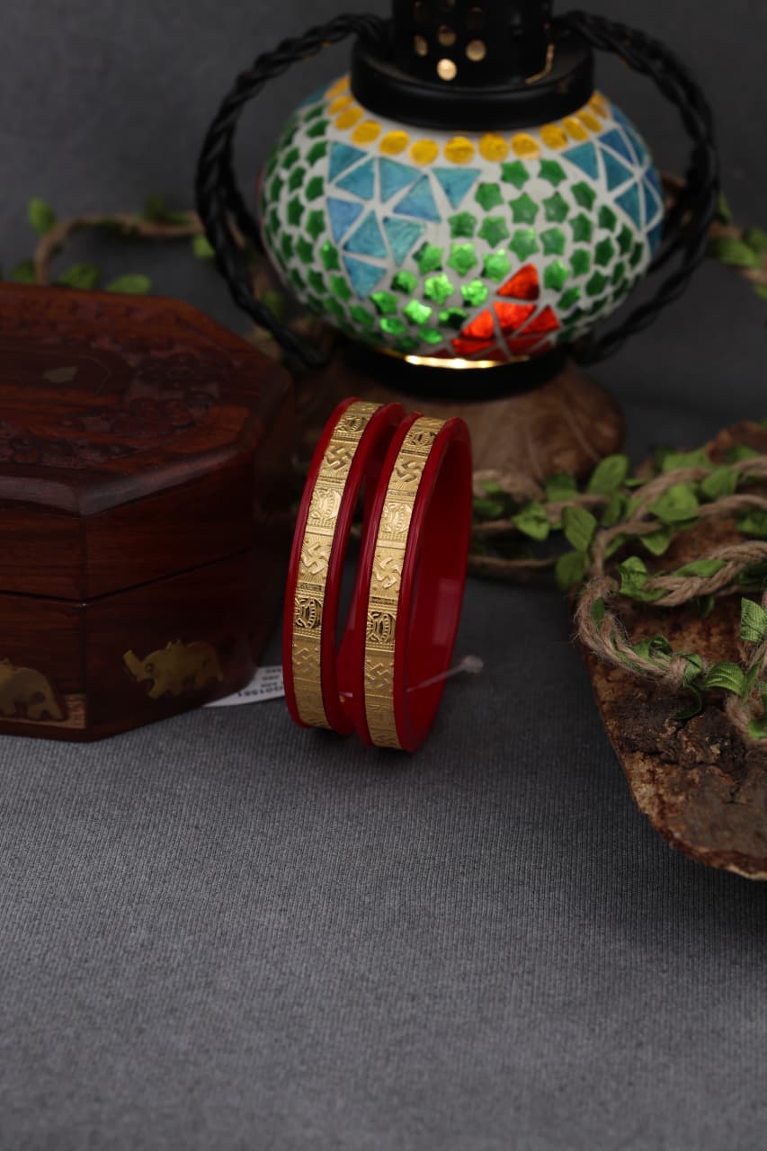 22K Gold Traditional Designer Bangles for Women | Red Meenakari Finish with Auspicious Motif | Pair | 2.18 Gram