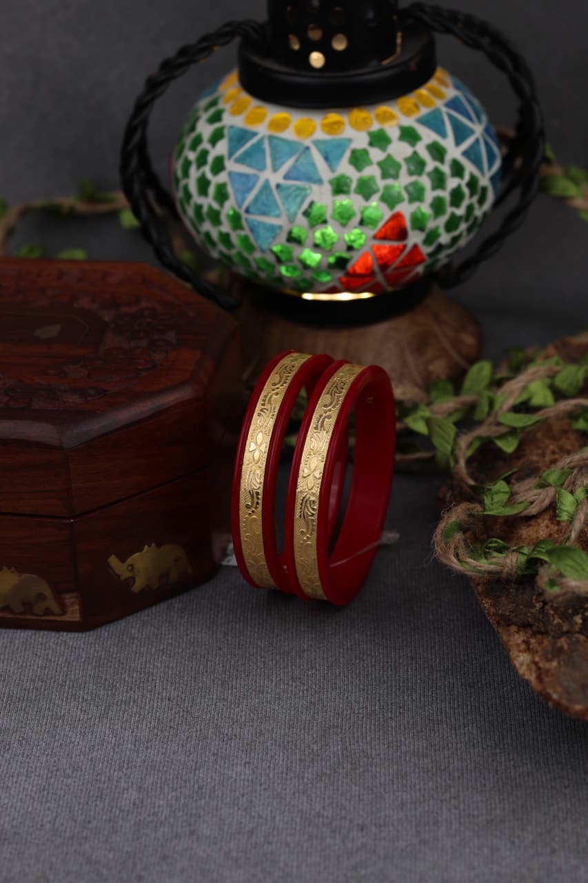 22K Gold Traditional Floral Designer Bangles for Women | Red Meenakari Finish | Lightweight Gold Bangles Pair | 2.5 Gram