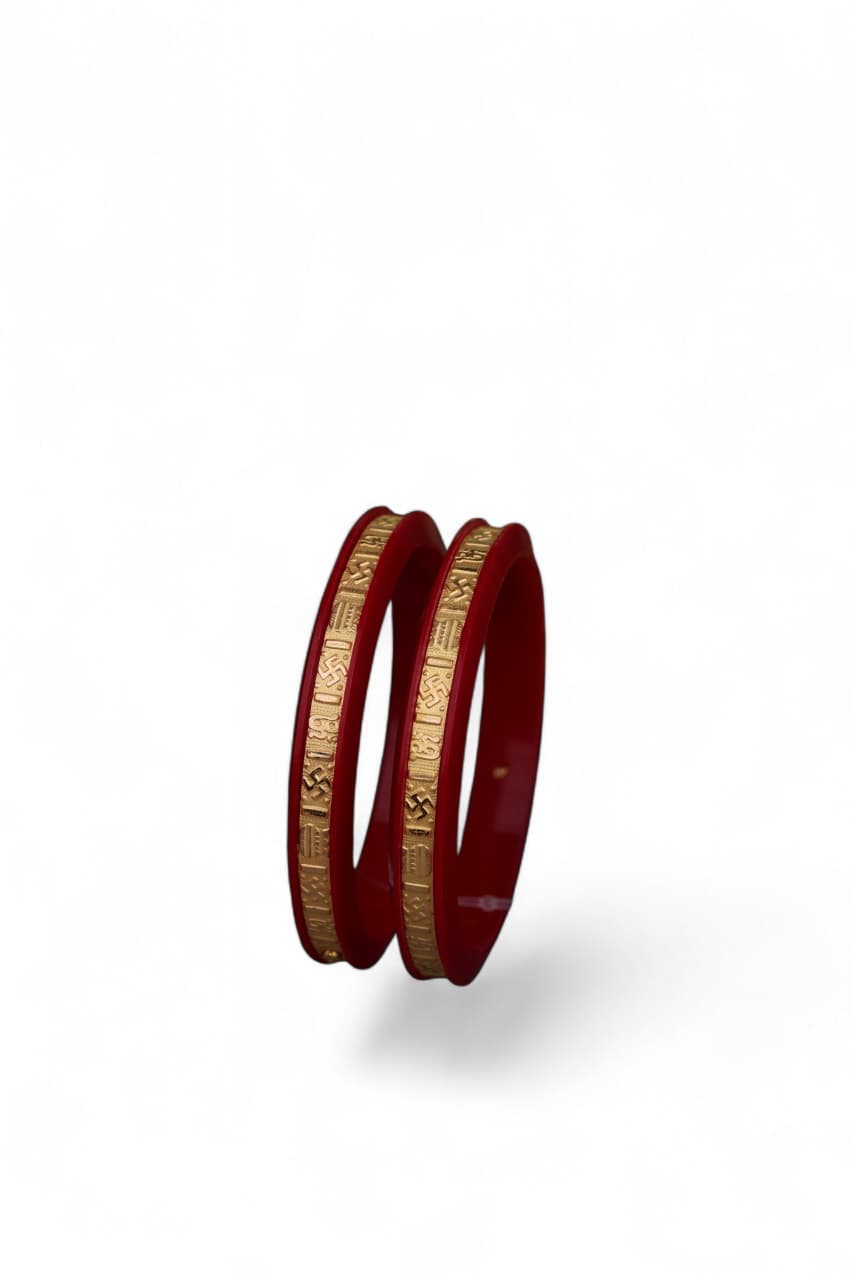 22K Gold Traditional Om & Swastik Designer Bangles for Women | Red Meenakari Finish | Lightweight Gold Bangles Pair | 2.18 Gram
