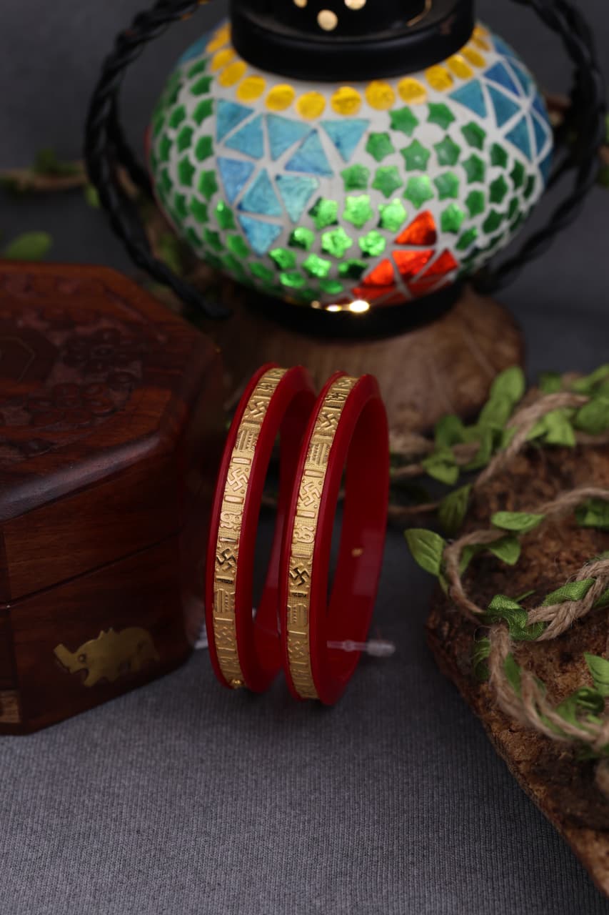 22K Gold Traditional Om & Swastik Designer Bangles for Women | Red Meenakari Finish | Lightweight Gold Bangles Pair | 2.18 Gram