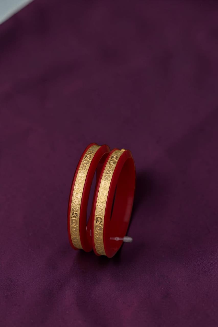 22K Gold Traditional Paisley Designer Bangles for Women | Red Meenakari Finish | Lightweight Gold Bangles Pair | 2.2 Gram