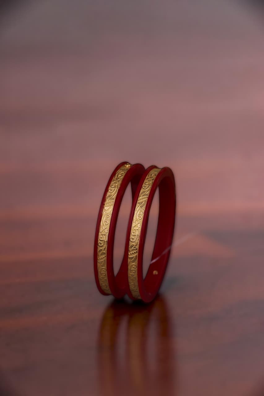 22K Gold Traditional Paisley Designer Bangles for Women | Red Meenakari Finish | Lightweight Gold Bangles Pair | 2.2 Gram