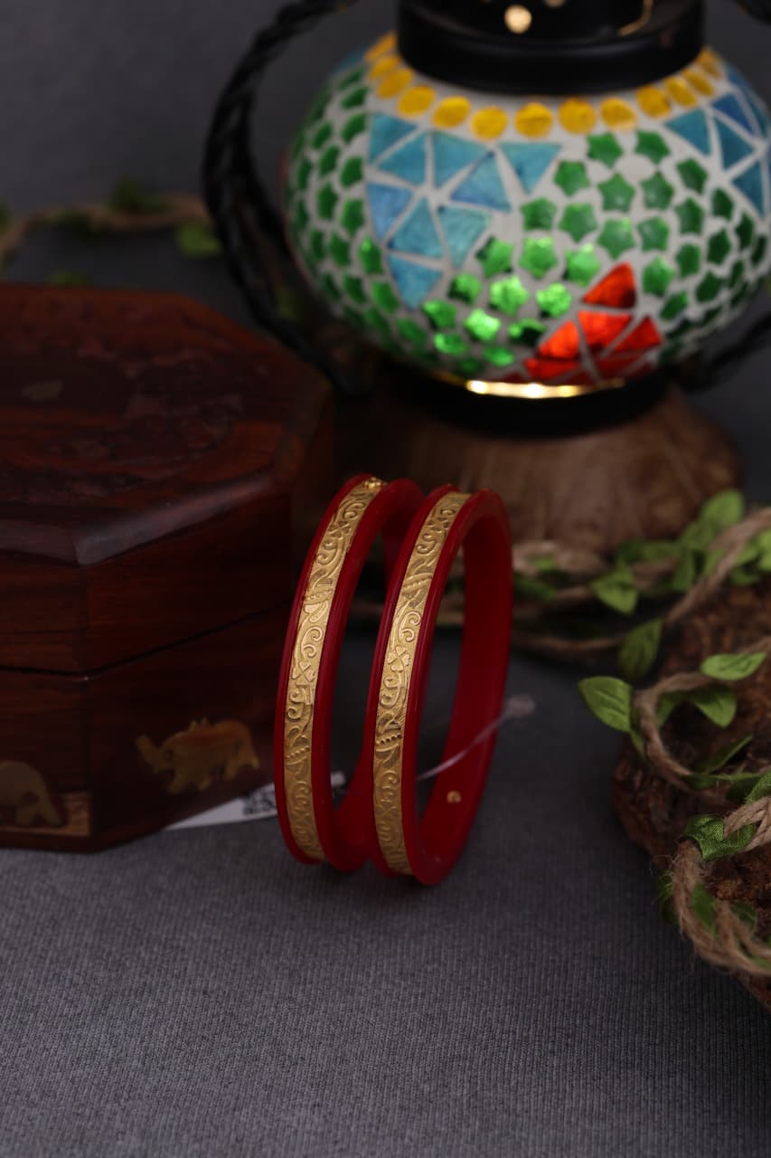22K Gold Traditional Paisley Designer Bangles for Women | Red Meenakari Finish | Lightweight Gold Bangles Pair | 2.2 Gram