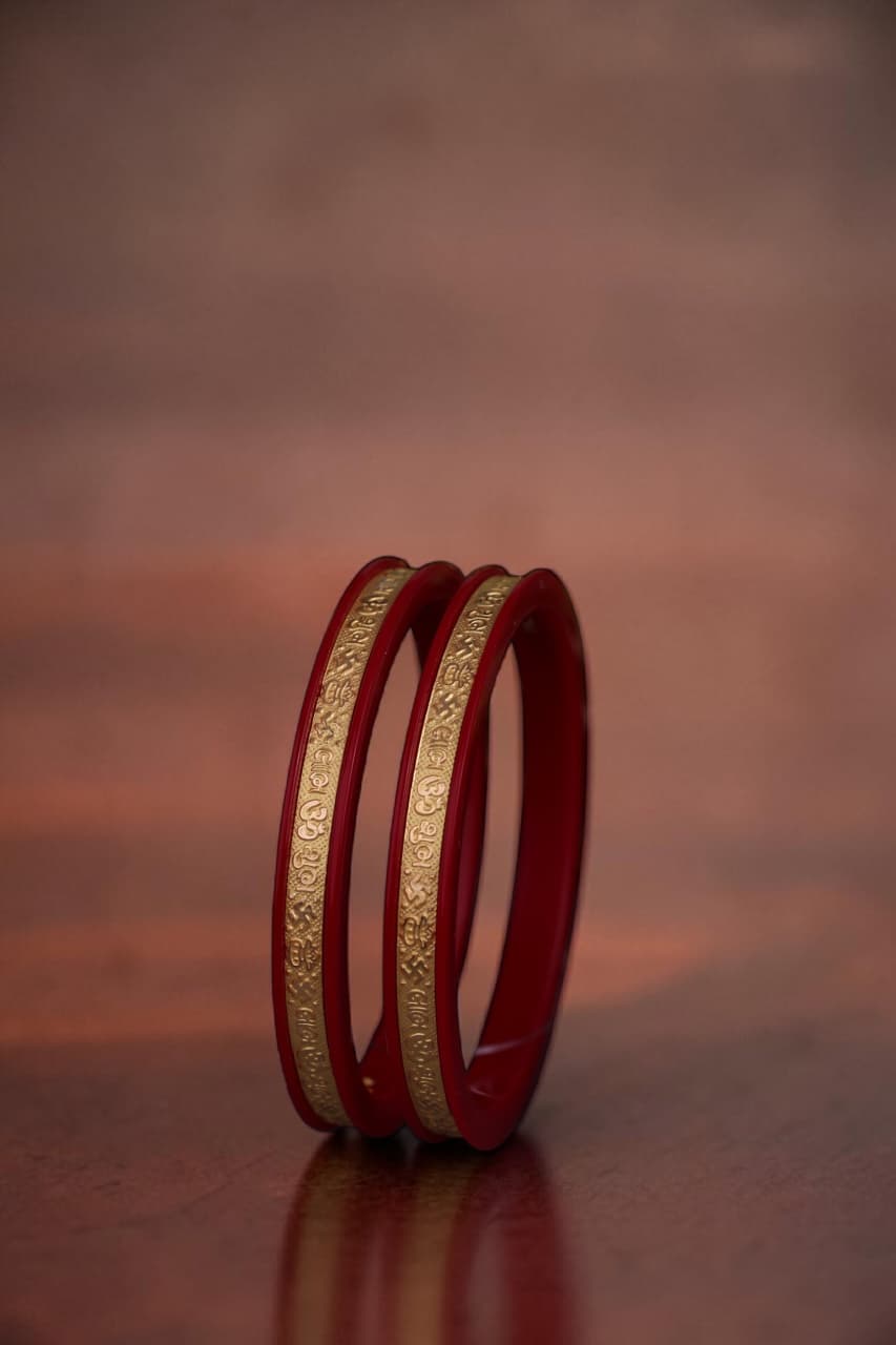 22K Gold Traditional Om Designer Bangles for Women | Red Meenakari Finish | Lightweight Gold Bangles Pair | 2.22 Gram