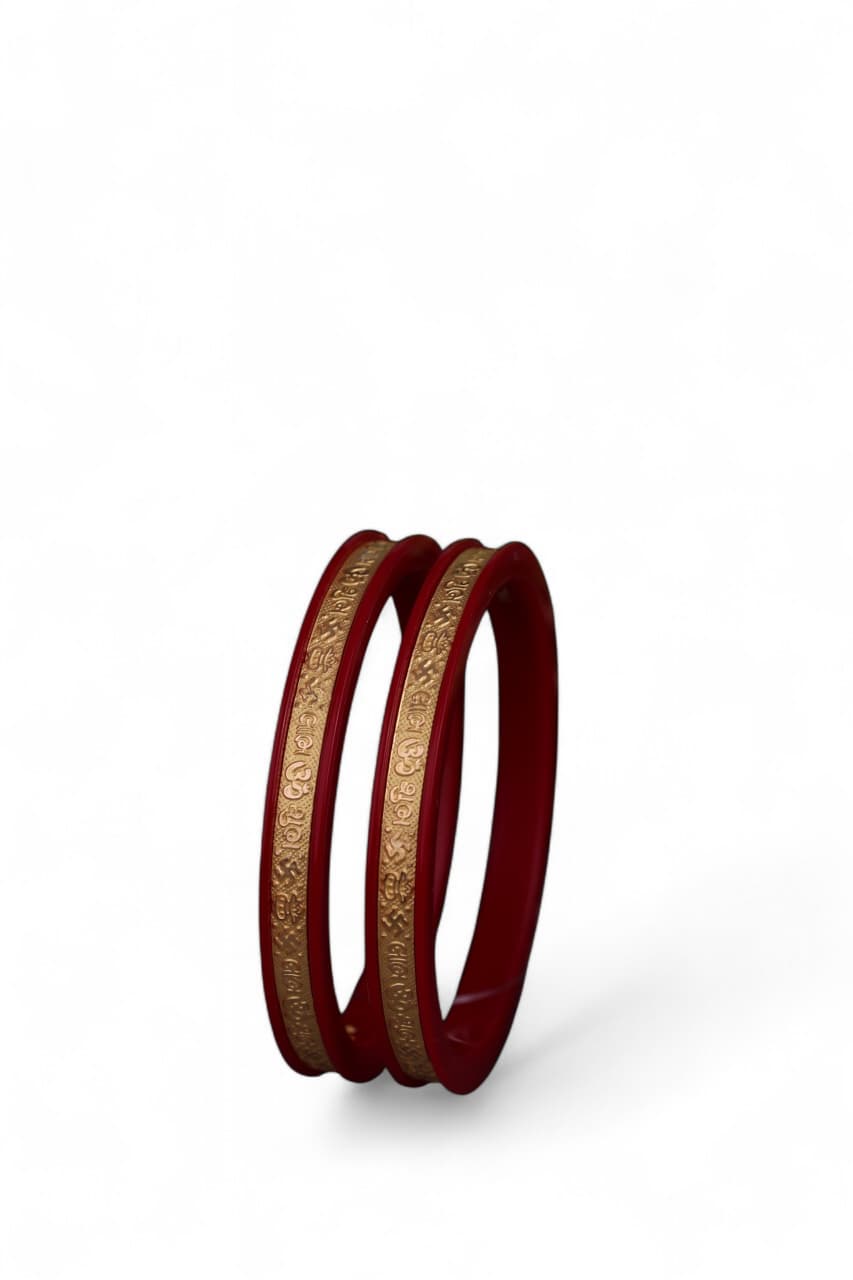 22K Gold Traditional Om Designer Bangles for Women | Red Meenakari Finish | Lightweight Gold Bangles Pair | 2.22 Gram