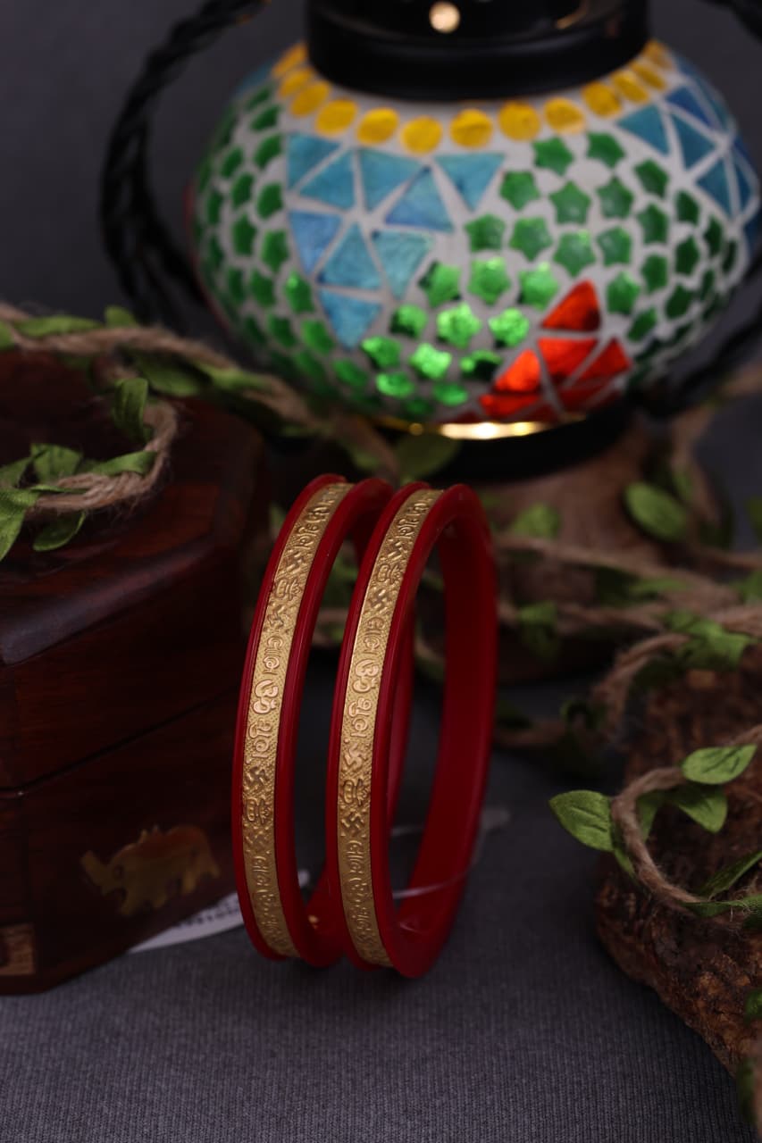 22K Gold Traditional Om Designer Bangles for Women | Red Meenakari Finish | Lightweight Gold Bangles Pair | 2.22 Gram