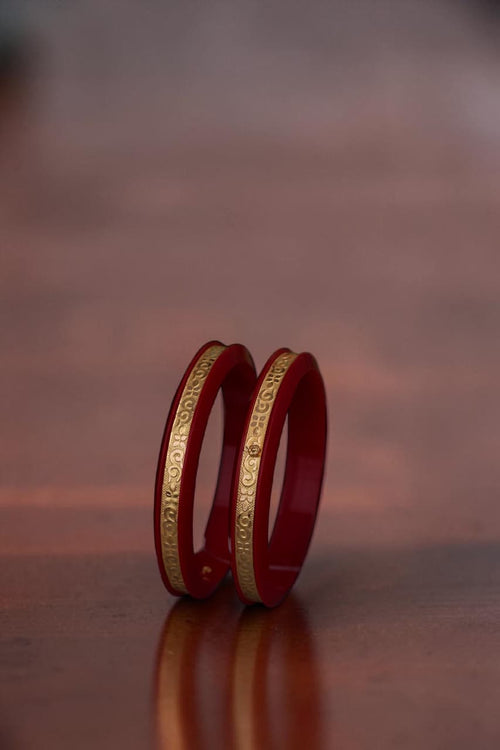 22K Gold Traditional Floral Designer Bangles for Women | Red Meenakari Finish | Lightweight Gold Bangles Pair | 2.21 Gram